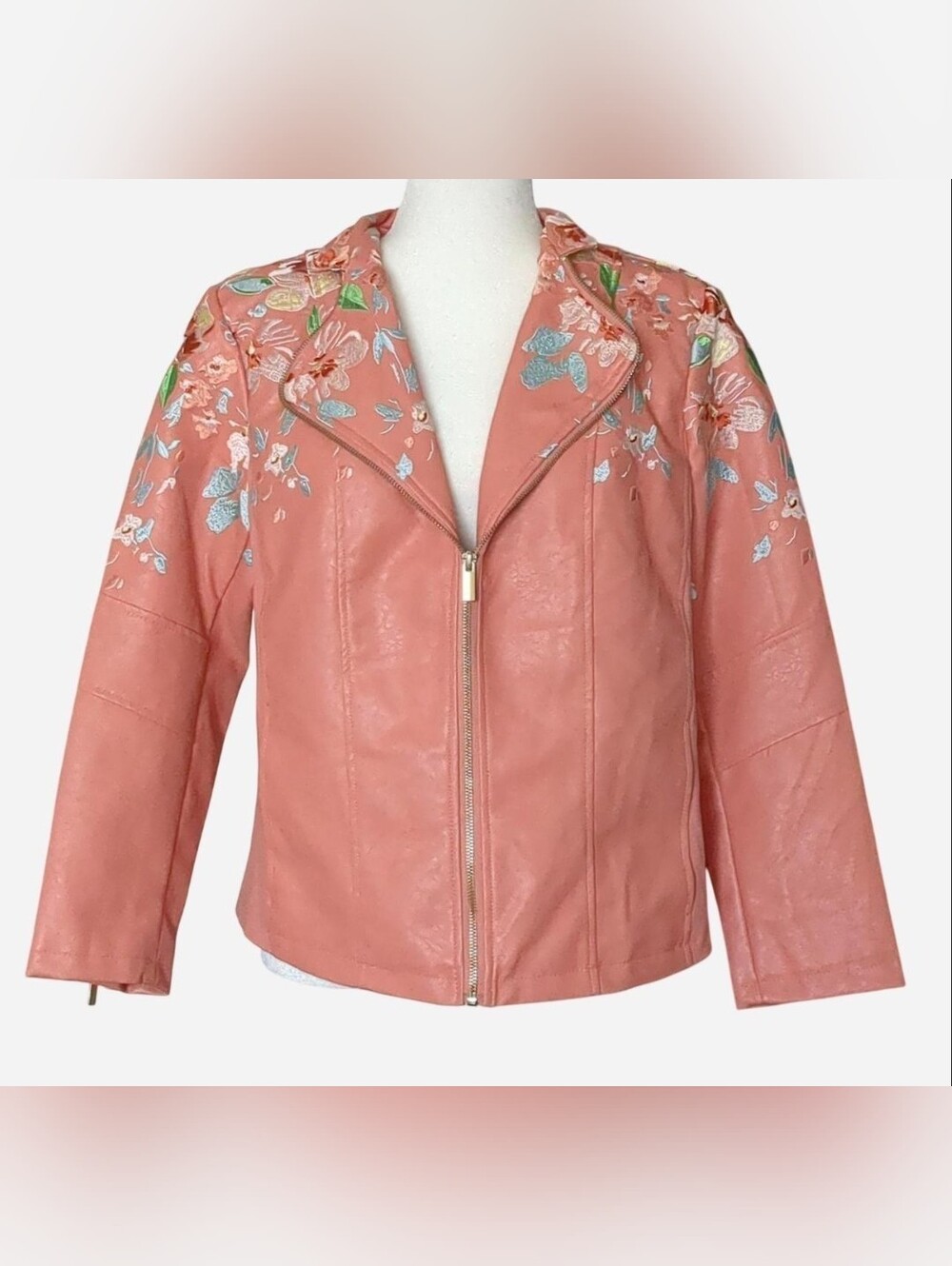 Colleen Lopez Floral Embroidered Faux Leather Moto Jacket Size L🍑